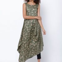 Women Olive Green Printed A-Line Asymmetric Kurta